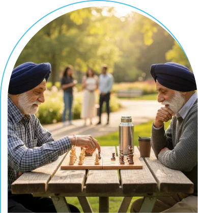 Elderly Sikh men playing chess in park