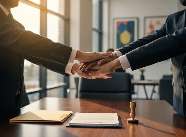 Hands stacked over agreement document