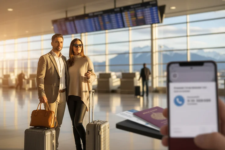 Couple with luggage at airport, travel insurance