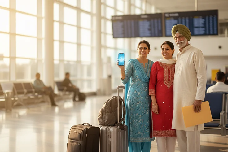 Family with luggage at airport, visitor insurance