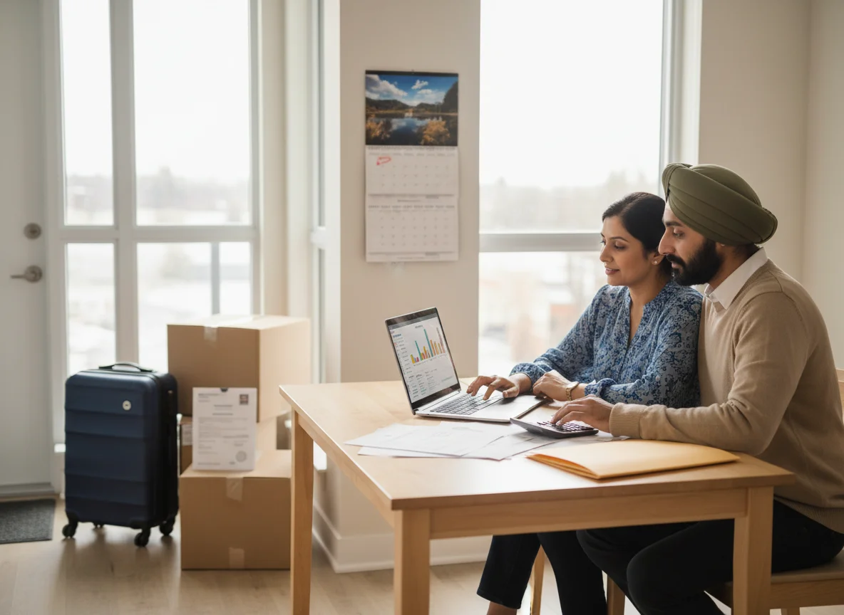 Sikh couple managing finances, moving boxes