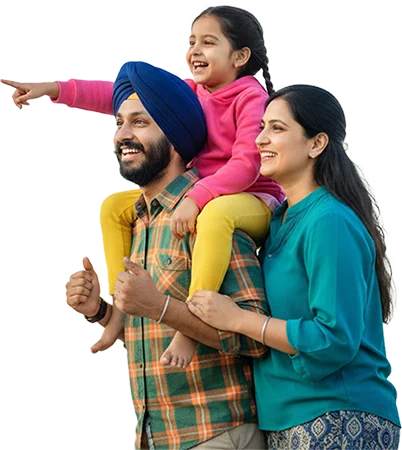 Sikh family, child on shoulders, smiling