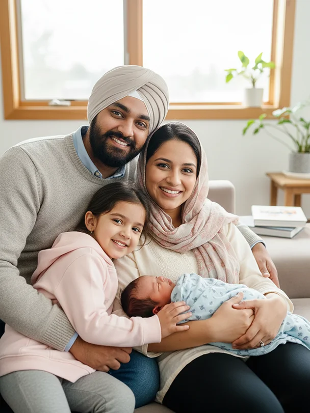 Sikh family with newborn at home